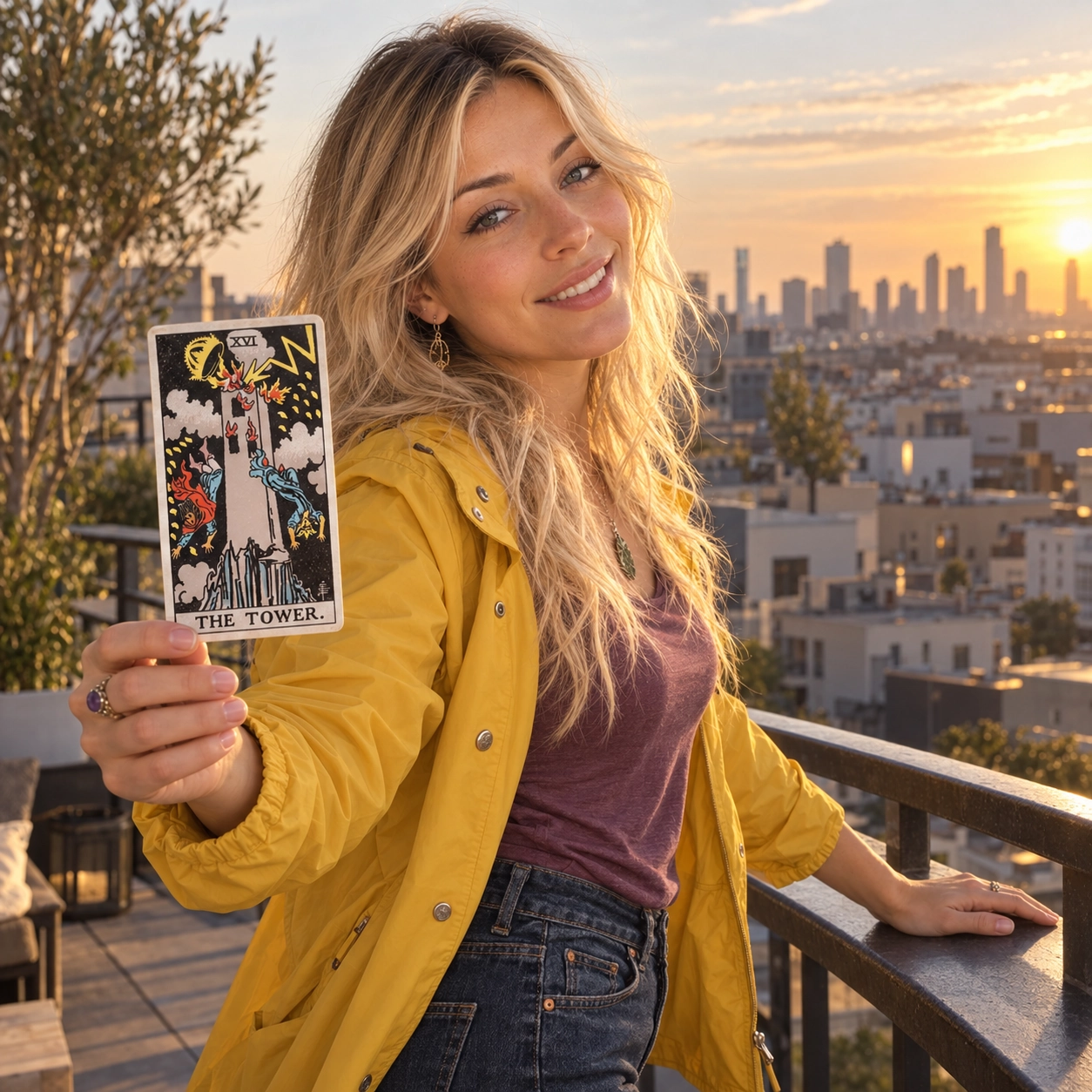 Aurica holding The Tower Rider-Waite-Smith tarot card close to the camera