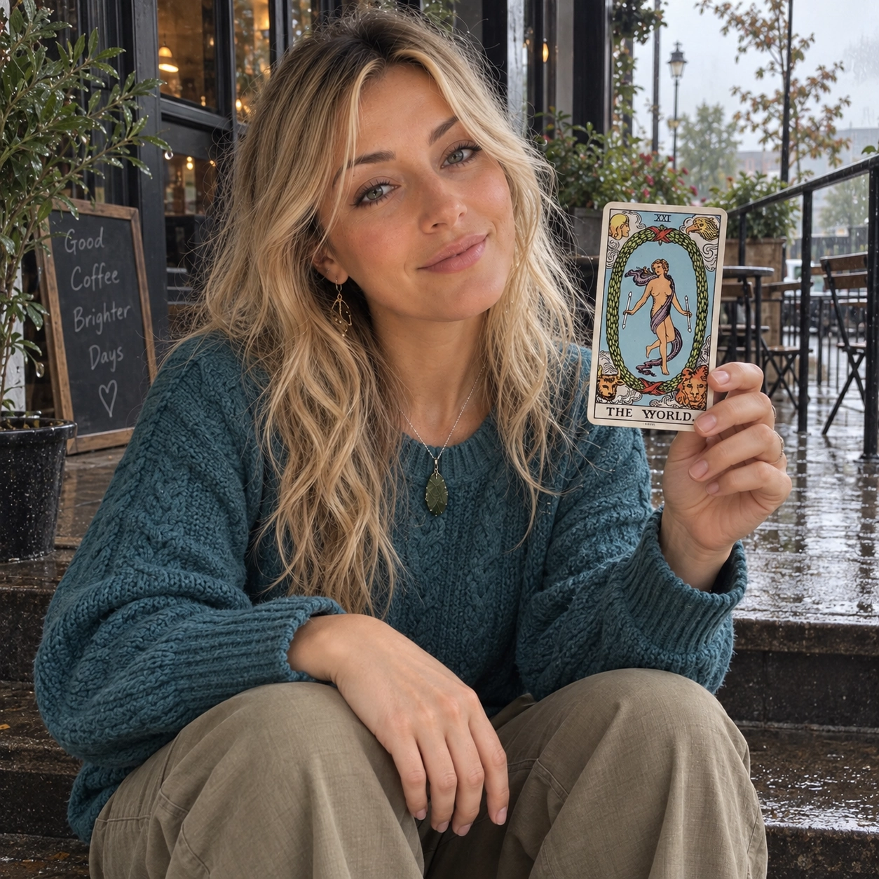 Aurica holding The World Rider-Waite-Smith tarot card close to the camera