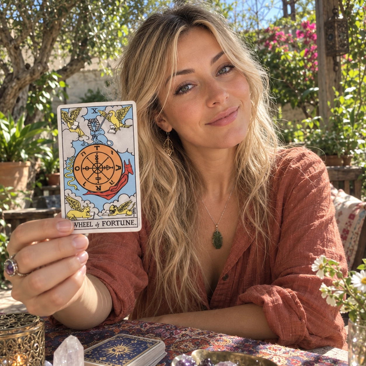 Aurica holding Wheel of Fortune Rider-Waite-Smith tarot card close to the camera