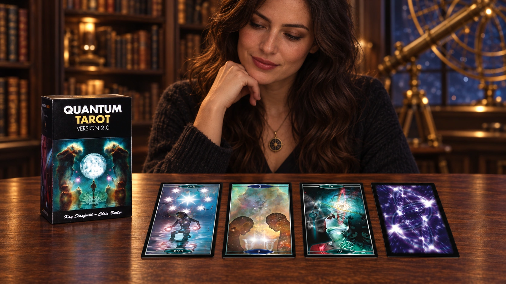 Aurica studying Quantum Tarot Version 2.0 in a warm observatory library