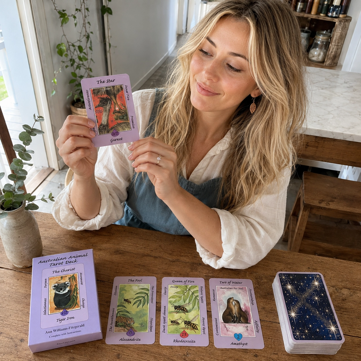 Aurica presenting The Star from Australian Animal Tarot beside its box, a face-up spread, and the stacked deck