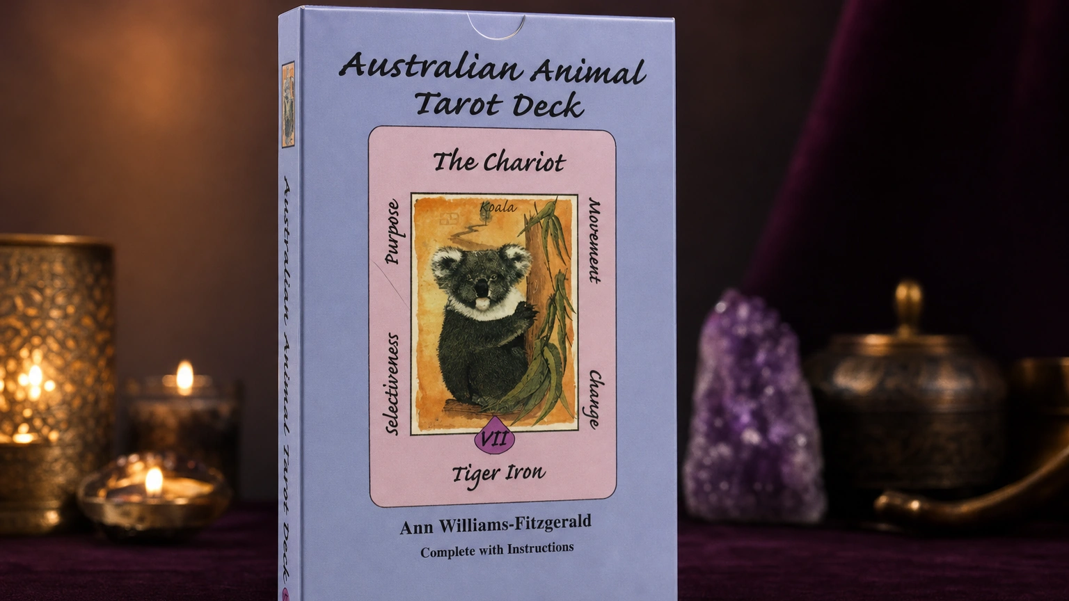 Australian Animal Tarot Deck product box on a plum and gold tarot reading table