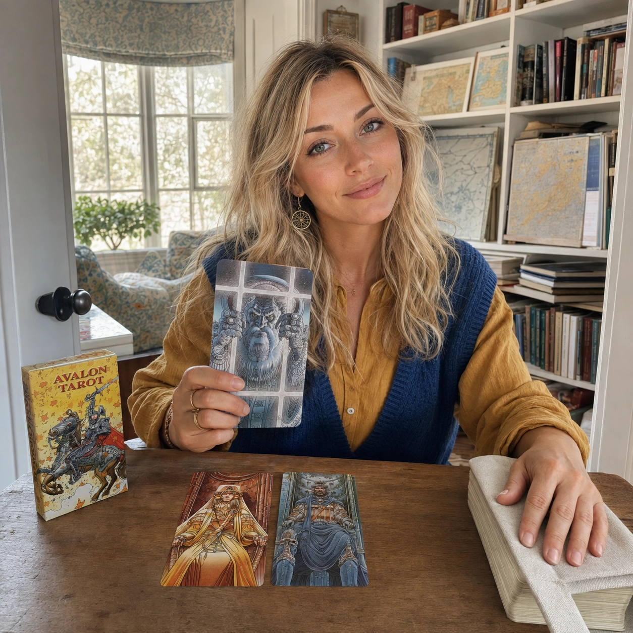 Aurica presenting the Six of Swords from Avalon Tarot beside its box, an Empress and Emperor spread, and the stacked deck