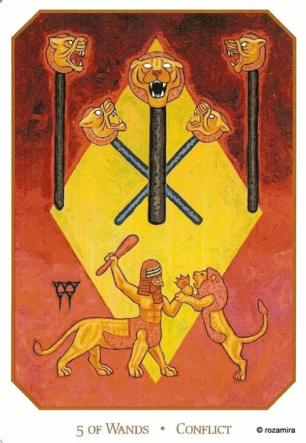 Five of Wands - Conflict card from the Babylonian Tarot deck