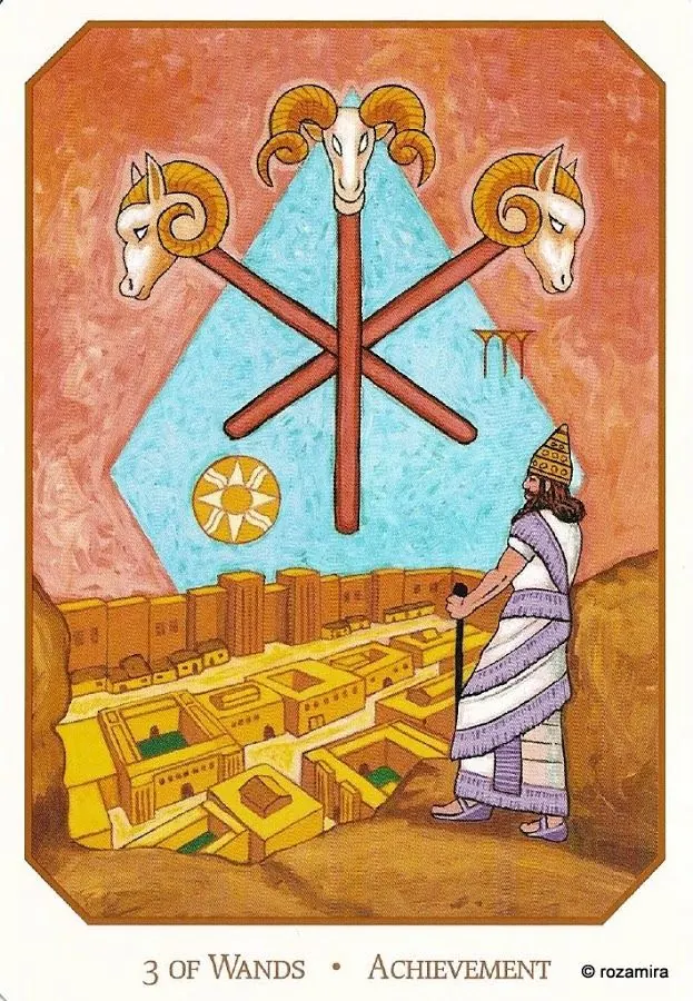 Three of Wands - Achievement card from the Babylonian Tarot deck