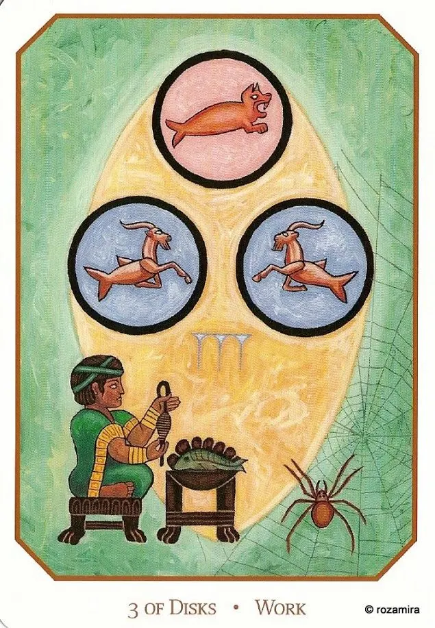 Three of Disks - Work card from the Babylonian Tarot deck
