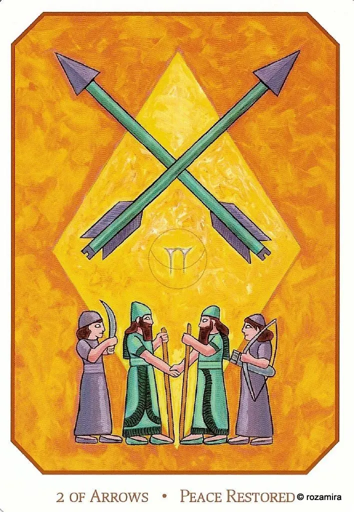 Two of Arrows - Peace Restored card from the Babylonian Tarot deck