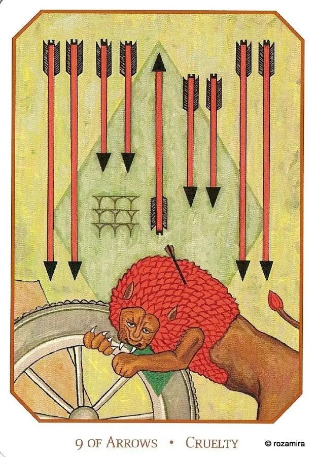 Nine of Arrows - Cruelty card from the Babylonian Tarot deck
