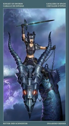 Knight of Swords card from the Barbieri Tarot deck