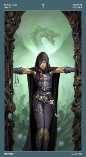7 of Pentacles card from the Barbieri Tarot deck