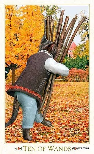 Ten of Wands card from The Baroque Bohemian Cats Tarot deck