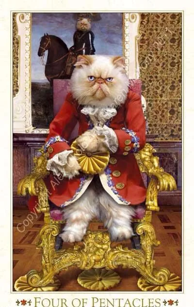 Four of Pentacles card from The Baroque Bohemian Cats Tarot deck