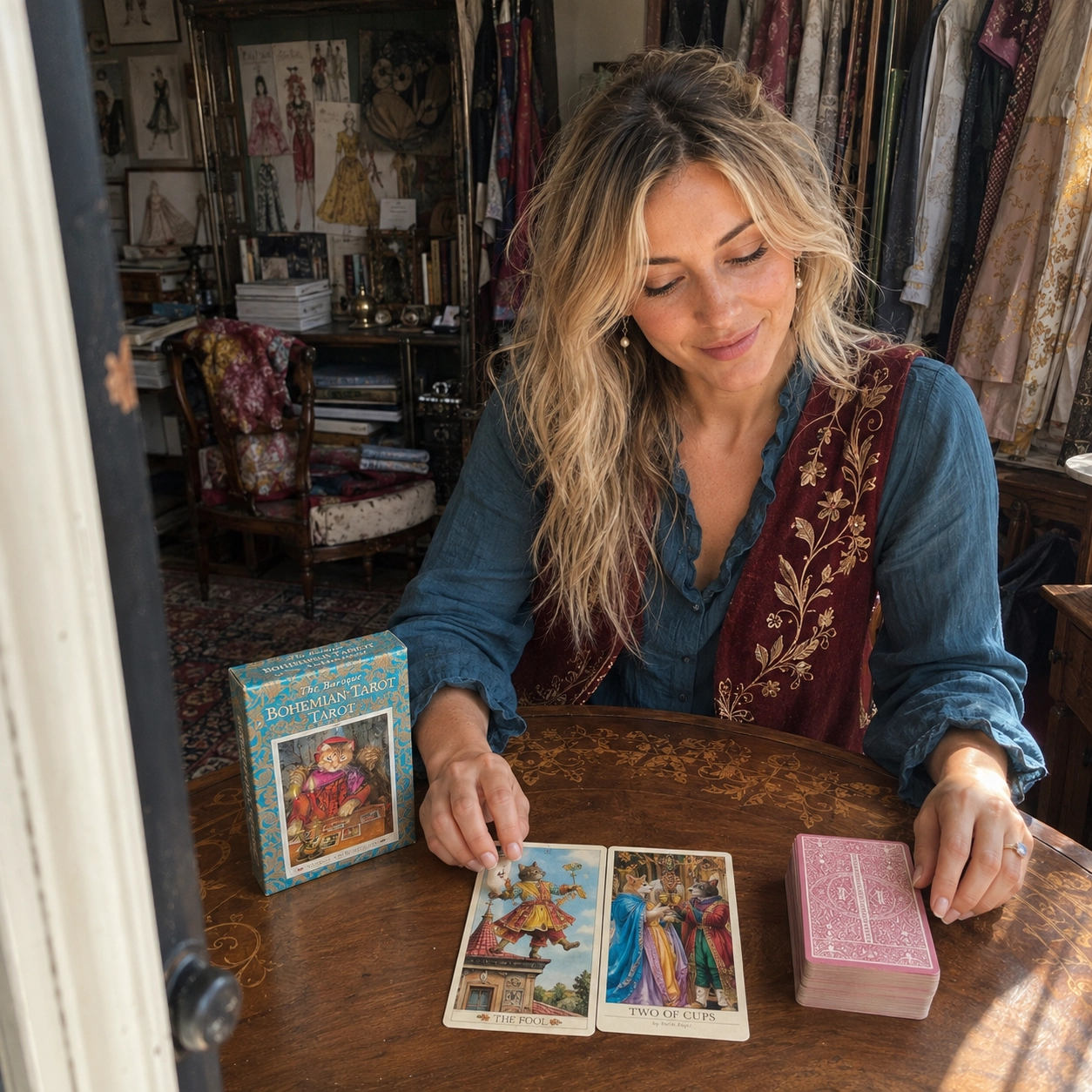 Aurica arranging The Fool and Two of Cups from The Baroque Bohemian Cats Tarot beside its box and stacked deck