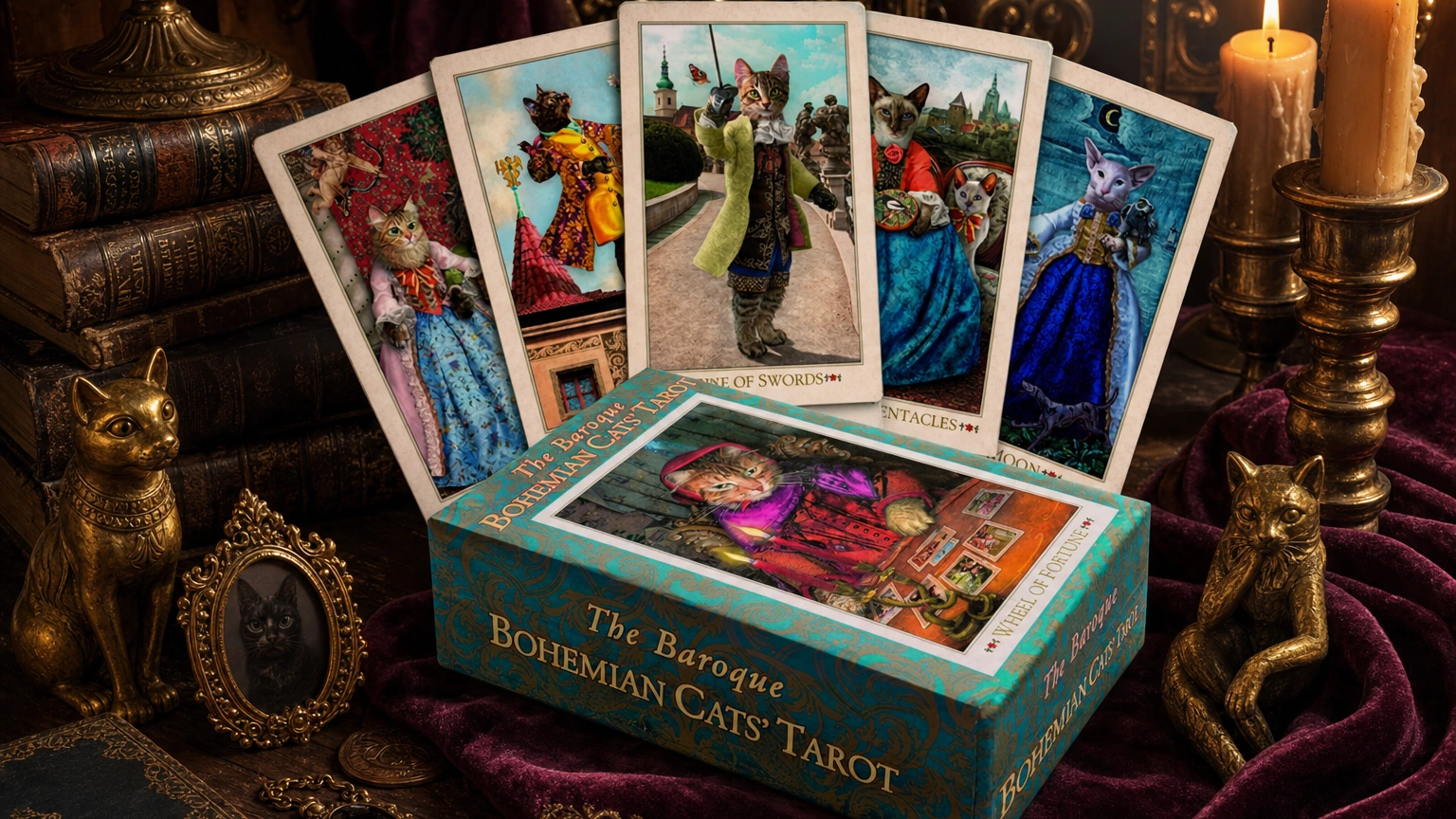The Baroque Bohemian Cats Tarot Deck by Karen Mahony and Alex Ukolov The Baroque Bohemian Cats Tarot Deck by Karen Mahony and Alex Ukolov in a generated candlelit product scene