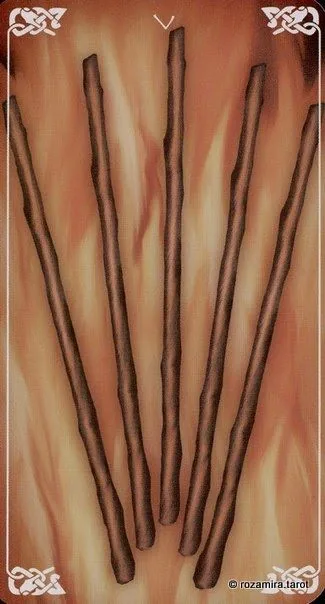 Five of Wands card from the Bayless Tarot deck