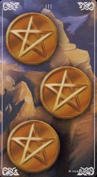Three of Pentacles card from the Bayless Tarot deck