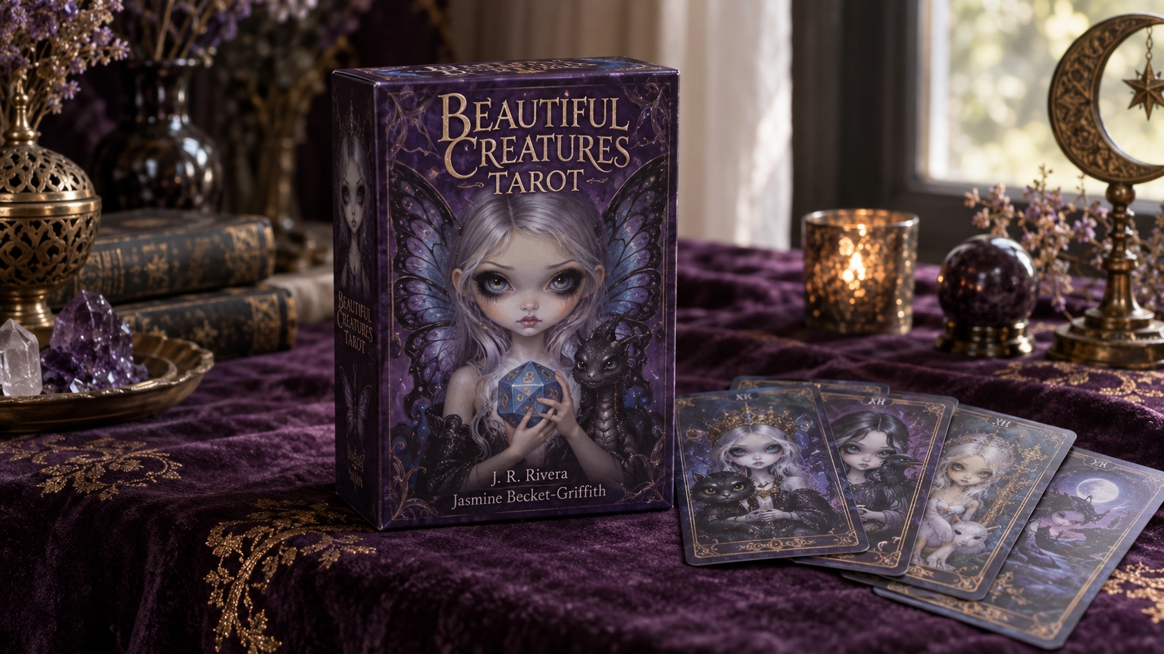 Beautiful Creatures Tarot Deck by J. R. Rivera in a generated purple reading-table scene