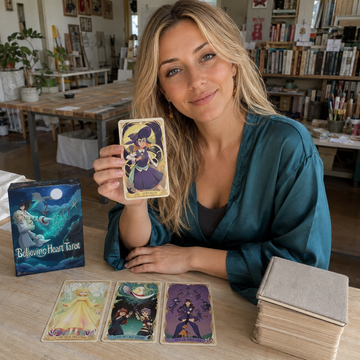 Aurica presenting the Strength card from Believing Heart Tarot beside its box, a three-card spread, and the stacked deck