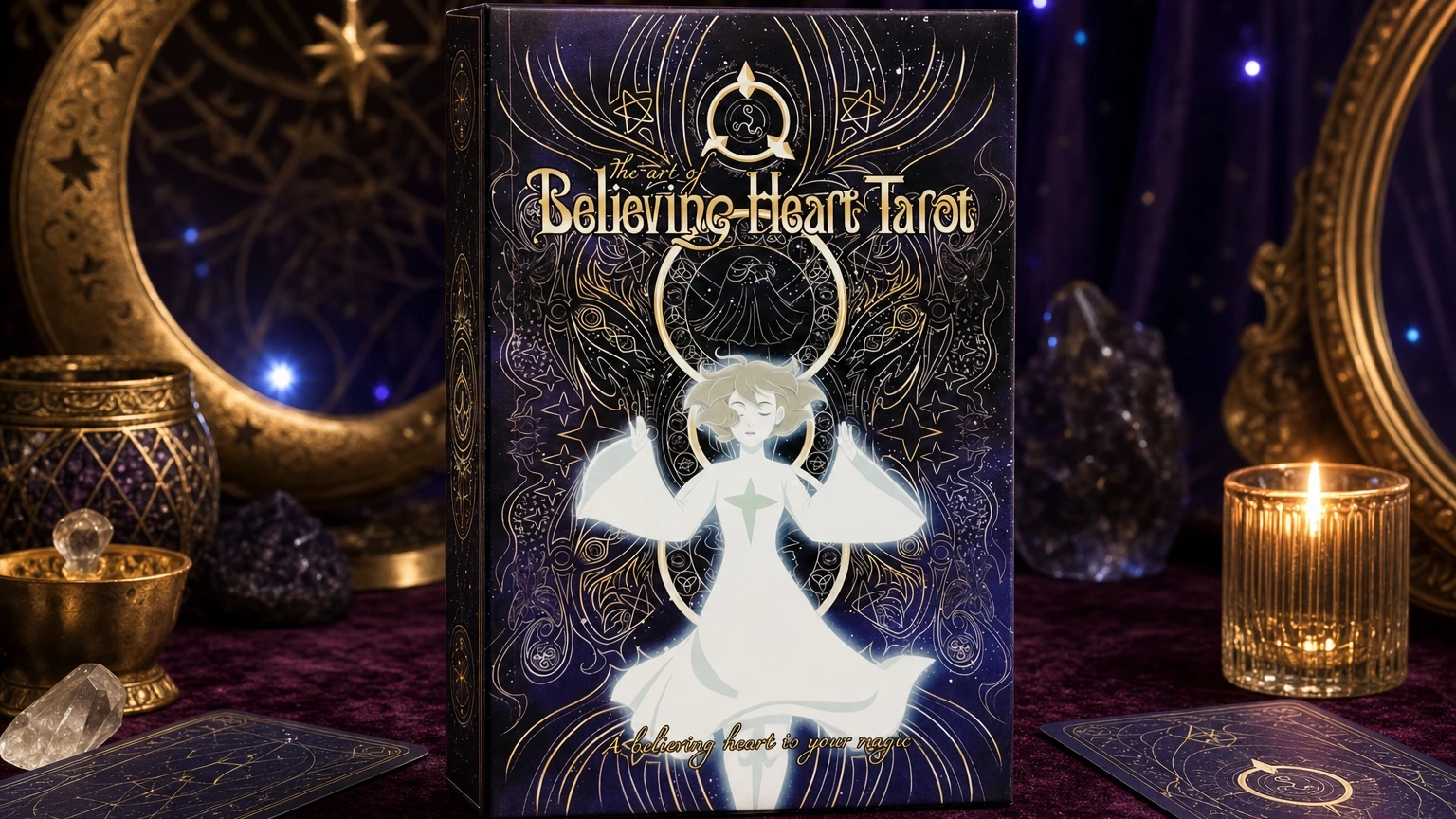 Believing Heart Tarot Deck by Catstealers Zines in a candlelit reading scene