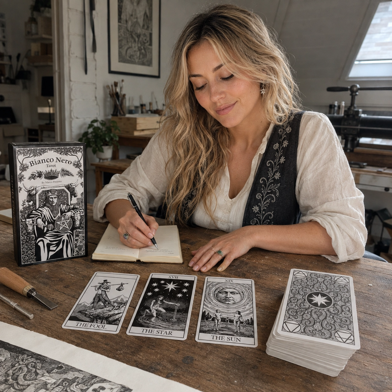 Aurica journaling with the Bianco Nero Tarot box, The Fool, The Star, The Sun, and the stacked deck