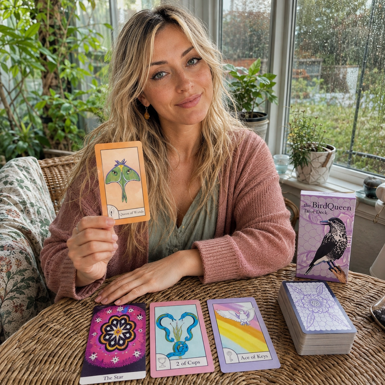 Aurica presenting the Queen of Wands from The Birdqueen Tarot beside its box, a three-card spread, and stacked deck