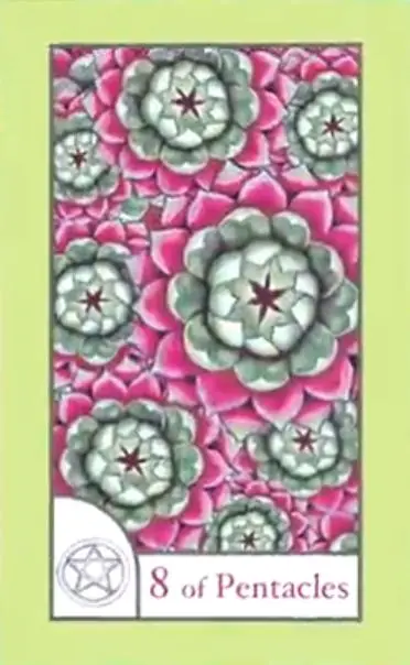 8 of Pentacles card from the The Birdqueen Tarot deck