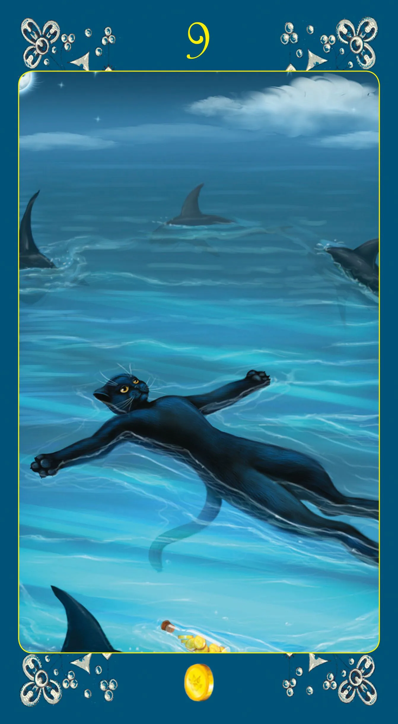 Nine of Coins card from the Black Cats Tarot deck