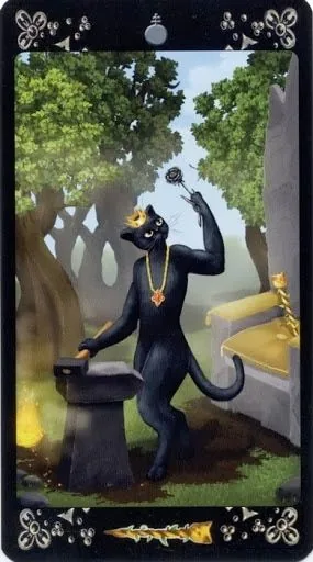 Eight of Coins card from the Black Cats Tarot deck