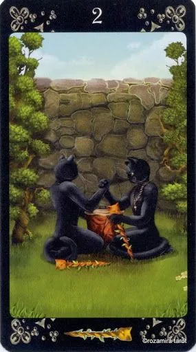 Two of Wands card from the Black Cats Tarot deck