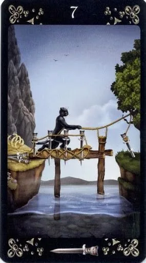 Seven of Swords card from the Black Cats Tarot deck