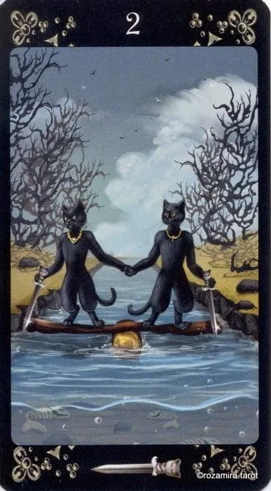 Two of Swords card from the Black Cats Tarot deck