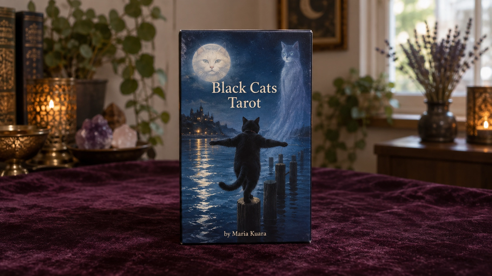 Black Cats Tarot Deck by Maria Kuara in a generated moonlit reading-room product scene