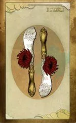 Two of Blades card from The Black Ibis Tarot