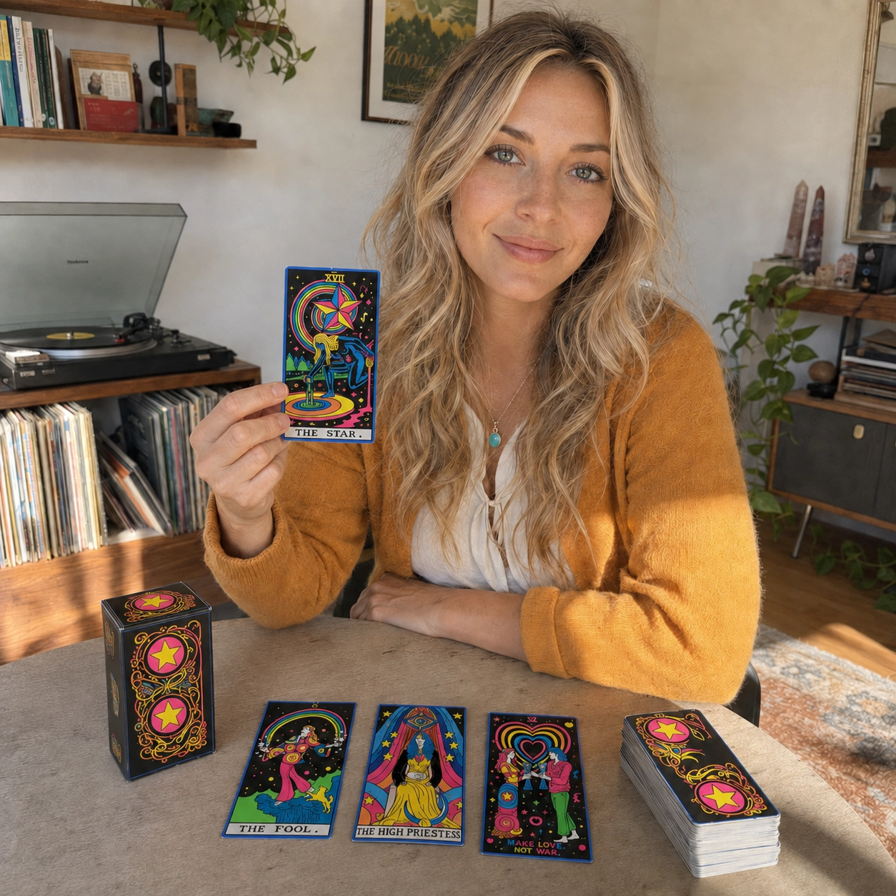 Aurica holding The Star from Black Light Tarot beside its box, a three-card spread, and the stacked deck