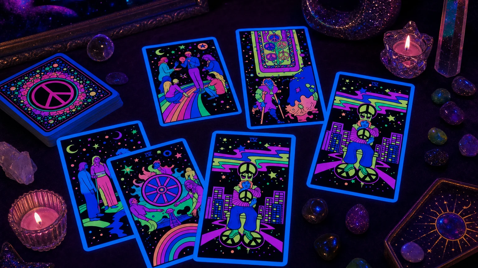 Black Light Tarot neon tabletop final CTA image Black Light Tarot neon tabletop final CTA image