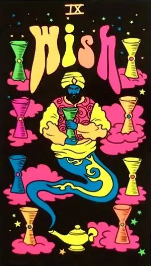 Nine of Cups card from the Black Light Tarot deck