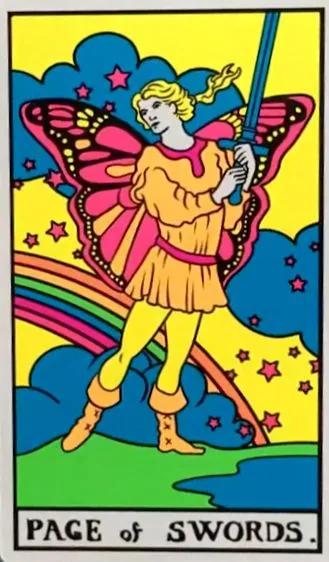 Page of Swords card from the Black Light Tarot deck