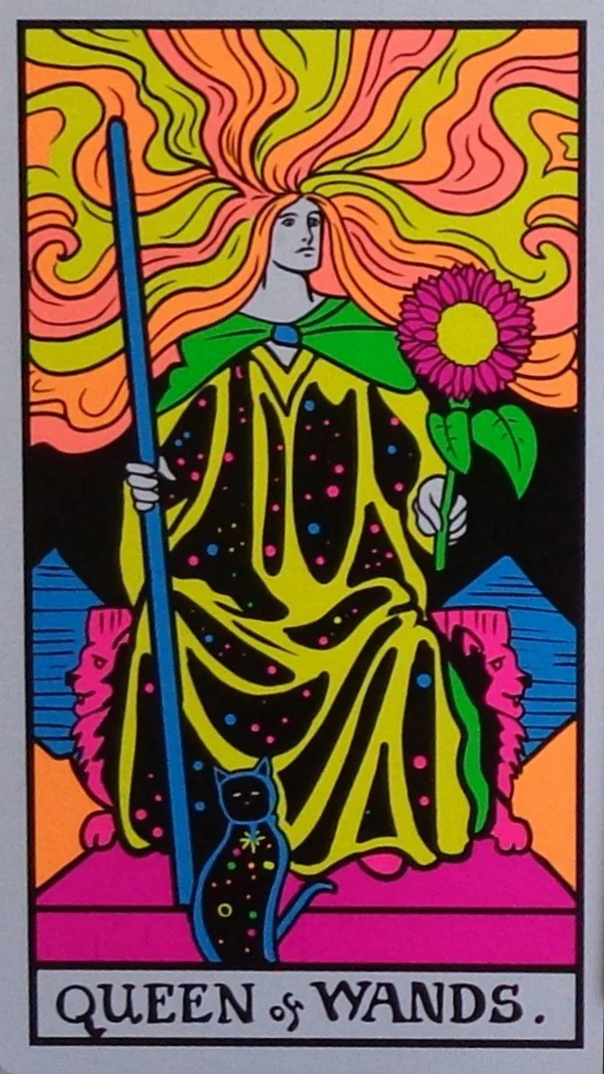 Queen of Wands card from the Black Light Tarot deck