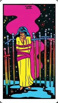 Black Light Tarot Review 14 Seven of Swords card from Black Light Tarot