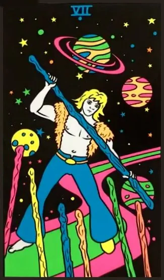 Seven of Wands card from the Black Light Tarot deck