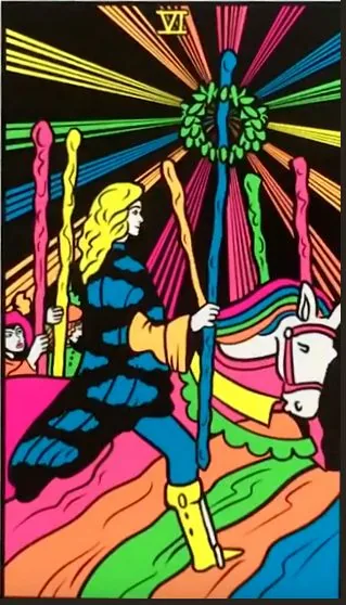 Six of Wands card from the Black Light Tarot deck