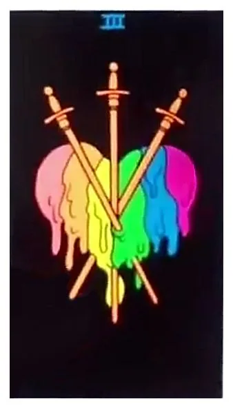 Three of Swords card from the Black Light Tarot deck