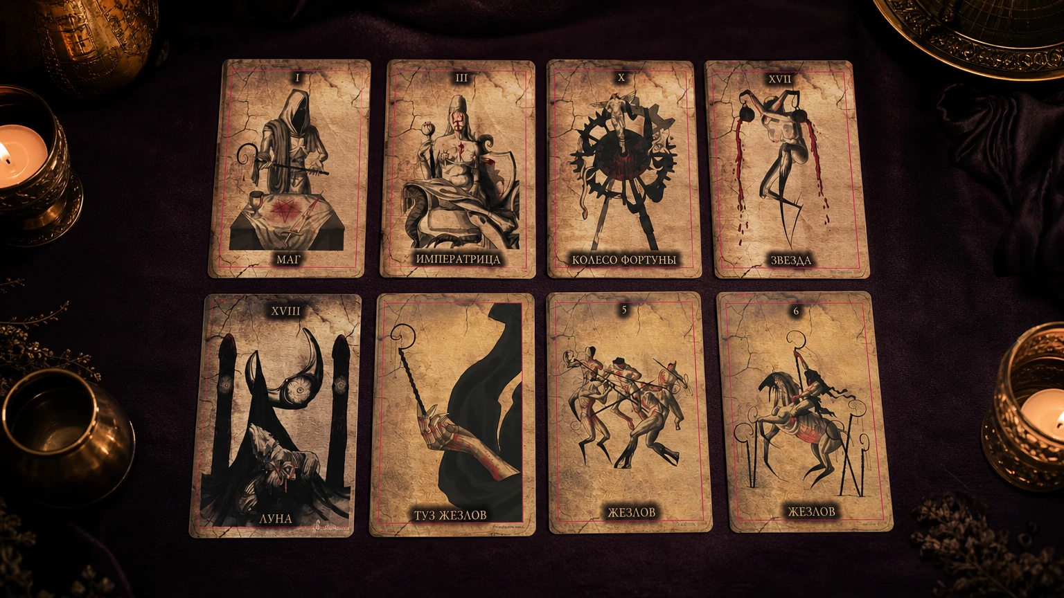 Black Tarot eight-card tabletop spread final CTA image Black Tarot eight-card tabletop spread final CTA image