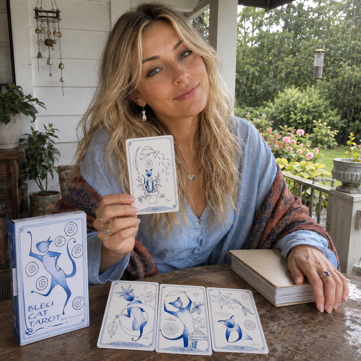 Aurica presenting The Sun from Bleu Cat Tarot beside the deck box, a three-card spread, and the stacked deck