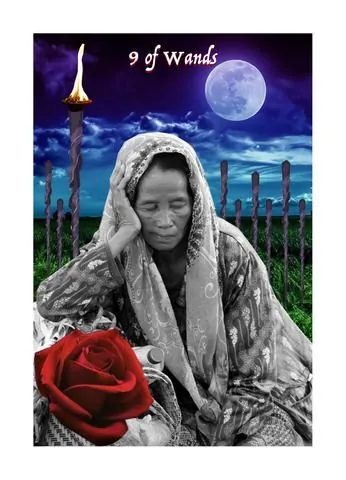 Nine of Wands card from the Blood, Bread & Roses Tarot deck