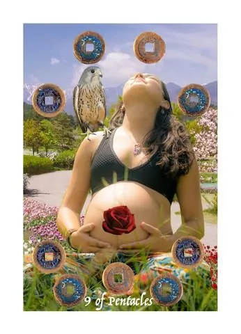 Nine of Pentacles card from the Blood, Bread & Roses Tarot deck