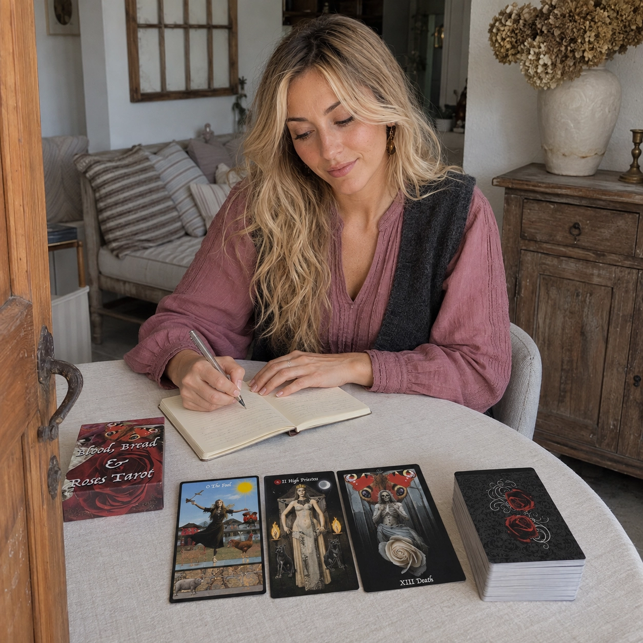 Aurica journaling beside the Blood Bread & Roses Tarot box, a three-card spread, and the stacked deck