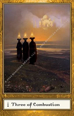 Three of Combustion card from the Boadiceas Tarot deck