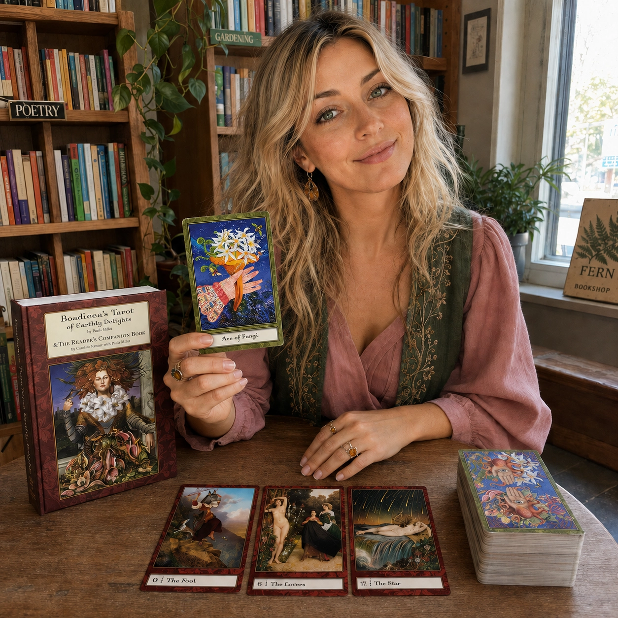 Aurica presenting the Ace of Fungi beside Boadicea’s Tarot of Earthly Delights, a three-card spread, and the stacked deck