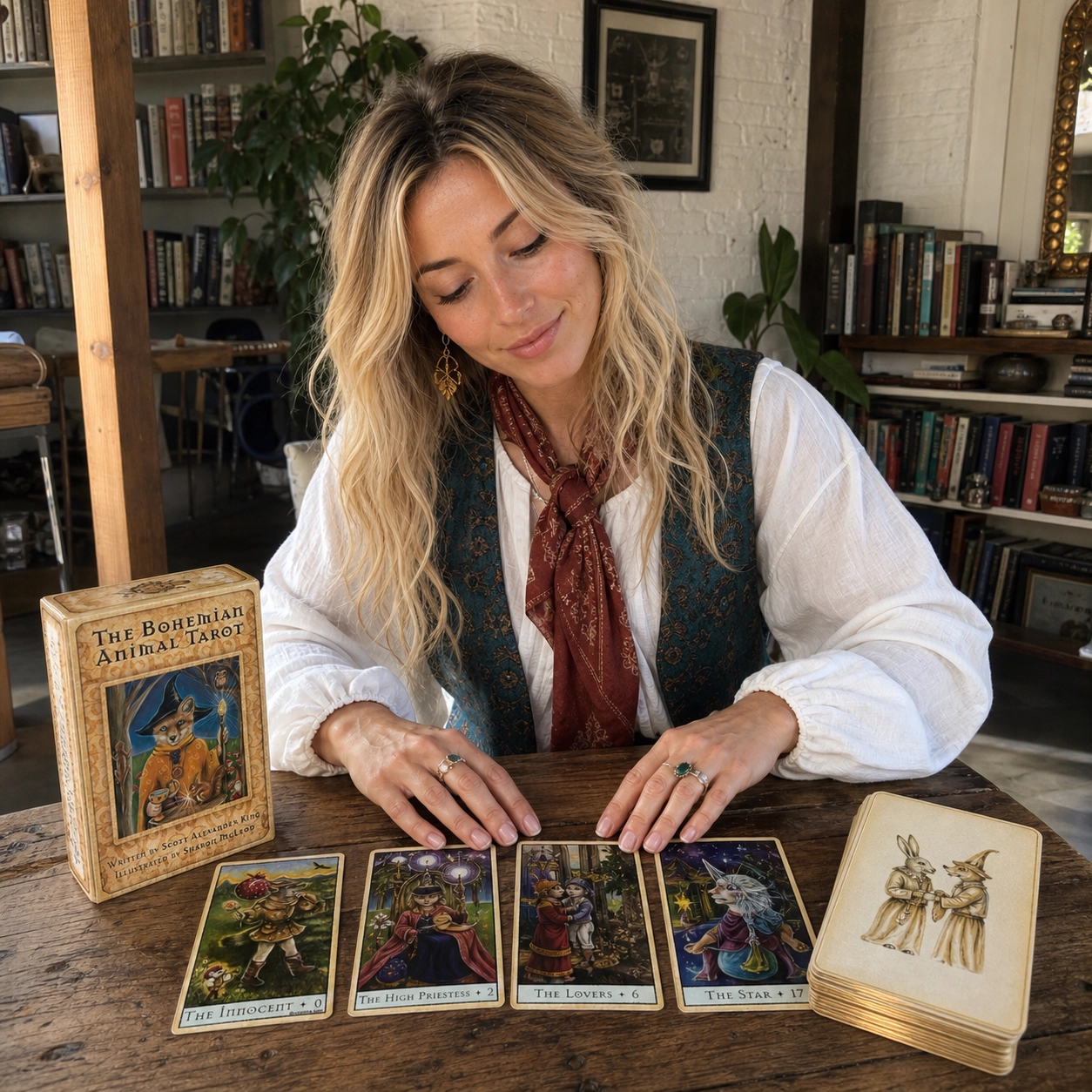 Aurica arranging The Bohemian Animal Tarot beside its box, a four-card spread, and the stacked deck